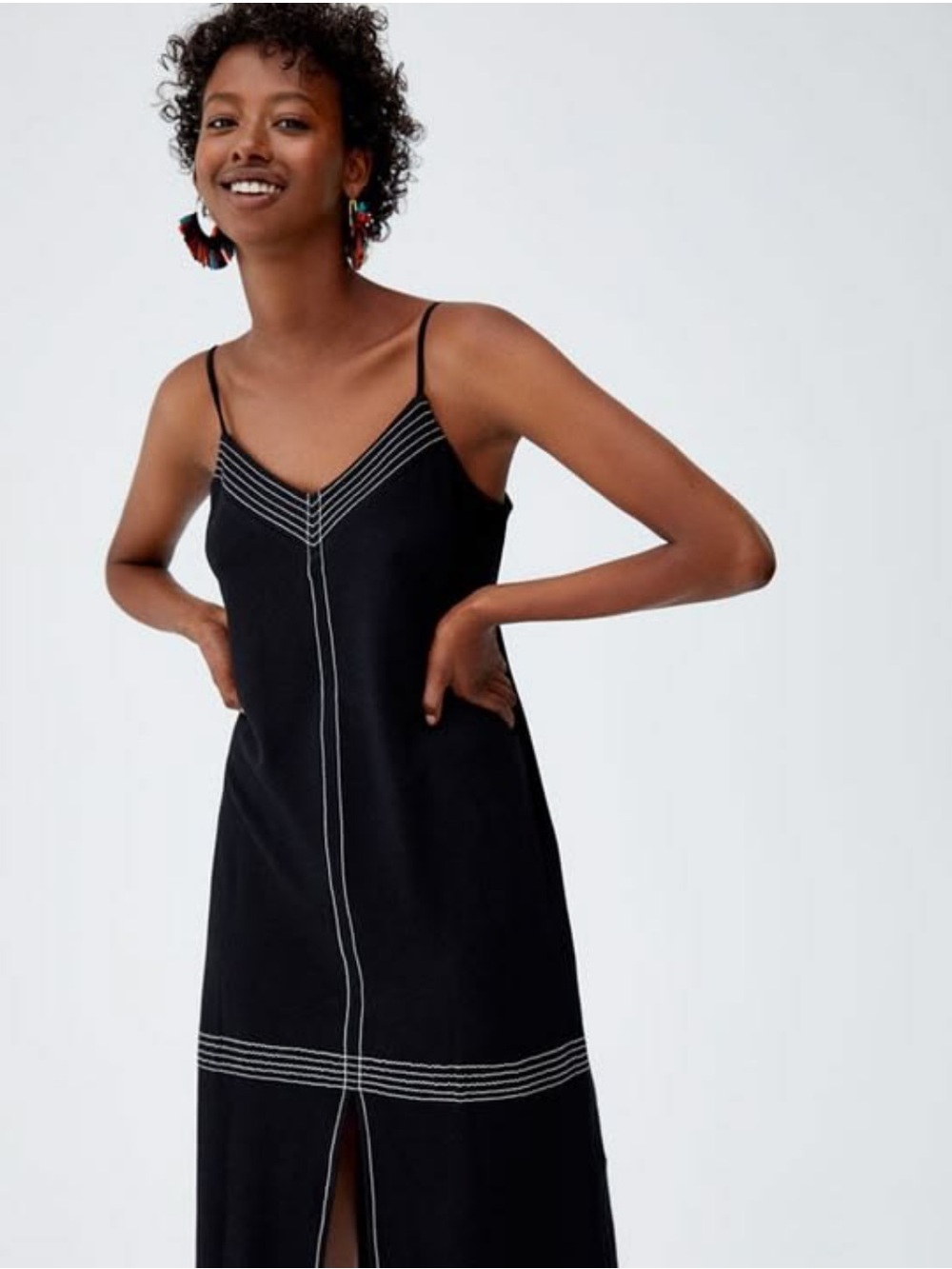 Pull&Bear Black Spaghetti Strap Midi Dress with White Stitching